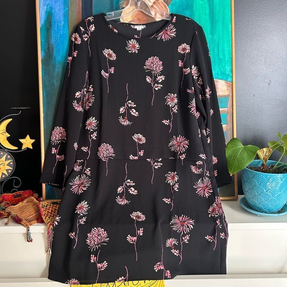 Jacqueline de Yong Black Floral Dress Womens EU 38 Long Sleeve Mini Shift Pink